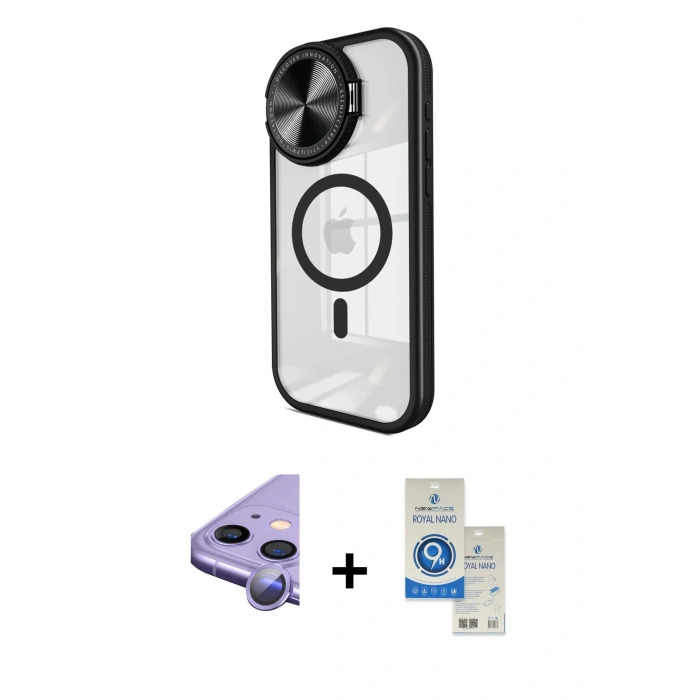 MARSİLYAN™- iPhone 11 Kılıf Kıvılcım Modern Koleksiyonu - Şeffaf Royal Nano Ekran Koruyucu + Raze Metal Kamera Lens - MR
