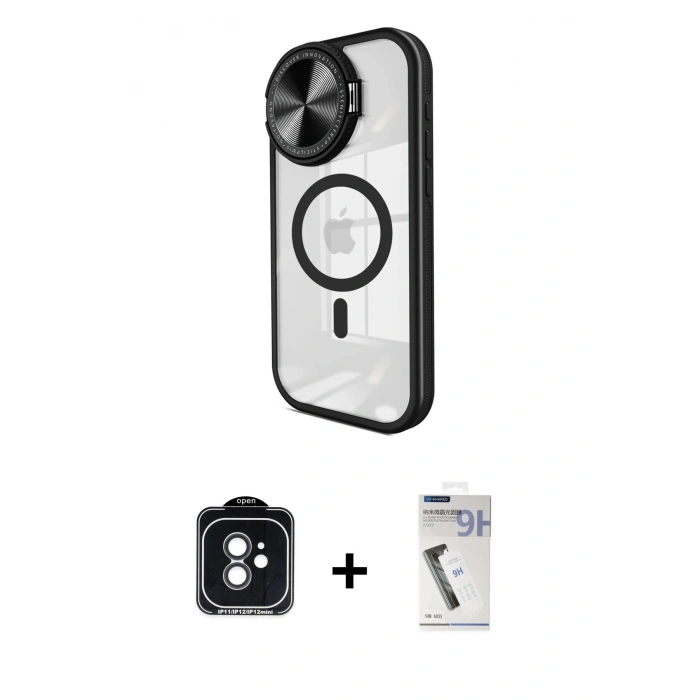 MARSİLYAN™- iPhone 11 Kılıf Kıvılcım Modern Koleksiyonu - Şeffaf Uv Polymer Nano Ekran Koruyucu + Siyah PVD Metal Kamera Lens