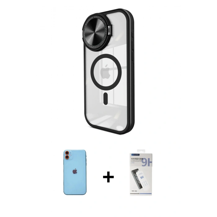 MARSİLYAN™- iPhone 11 Kılıf Kıvılcım Modern Koleksiyonu - Şeffaf Uv Polymer Nano Ekran Koruyucu + Neon Fosforlu Kamera Lens - TU
