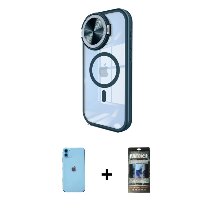 MARSİLYAN™- iPhone 11 Kılıf Kıvılcım Modern Koleksiyonu - Siyah 34D Hayalet Izgaralı Cam + Neon Fosforlu Kamera Lens - MI