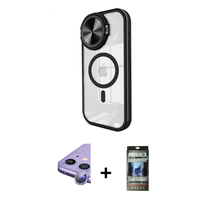 MARSİLYAN™- iPhone 11 Kılıf Kıvılcım Modern Koleksiyonu - Siyah 34D Hayalet Izgaralı Cam + Raze Metal Kamera Lens - MR