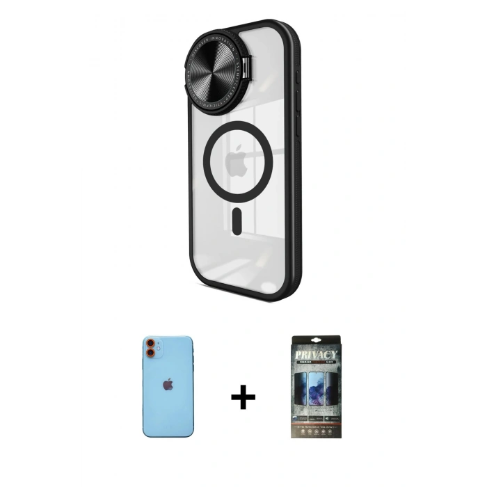 MARSİLYAN™- iPhone 11 Kılıf Kıvılcım Modern Koleksiyonu - Siyah 34D Hayalet Izgaralı Cam + Turuncu Neon Fosforlu Kamera Lens