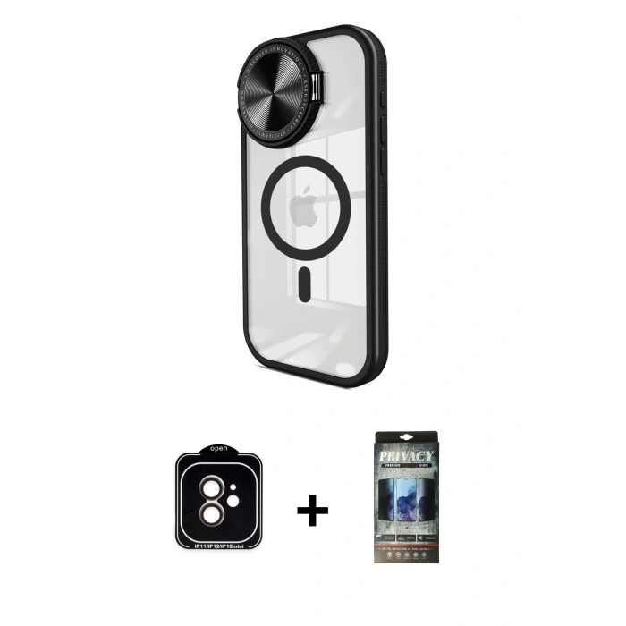 MARSİLYAN™- iPhone 11 Kılıf Kıvılcım Modern Koleksiyonu - Siyah 34D Hayalet Izgaralı Cam + PVD Metal Kamera Lens - TU