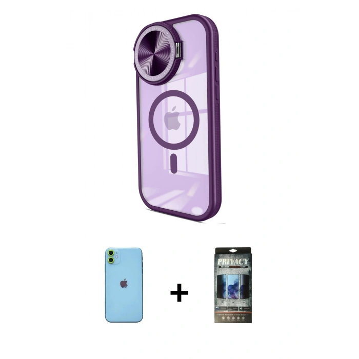 MARSİLYAN™- iPhone 11 Kılıf Kıvılcım Modern Koleksiyonu - Siyah 34D Hayalet Izgaralı Cam + Neon Fosforlu Kamera Lens - YL
