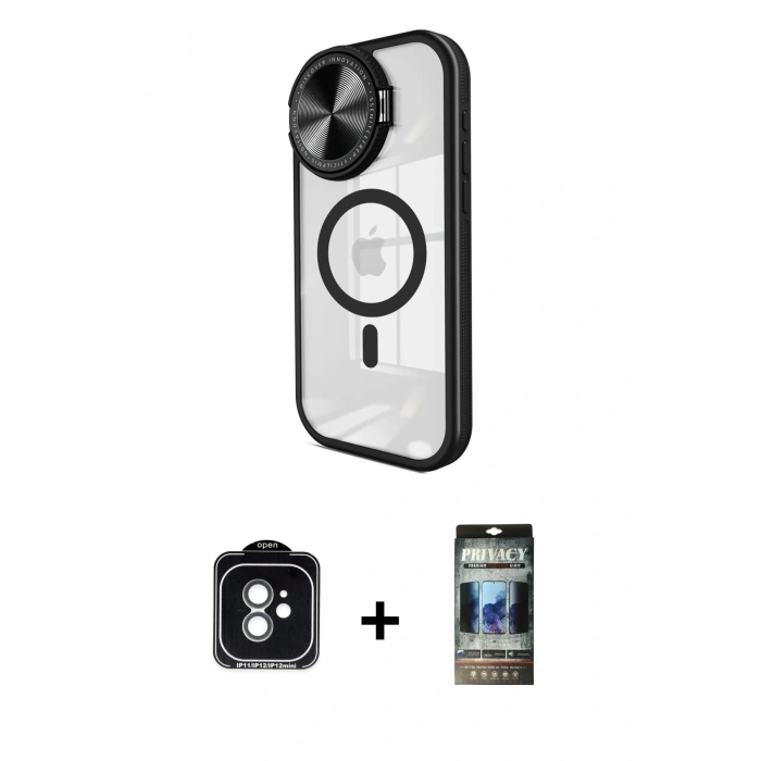 MARSİLYAN™- iPhone 11 Kılıf Kıvılcım Modern Koleksiyonu - Siyah 34D Hayalet Izgaralı Cam + PVD Metal Kamera Lens - YL