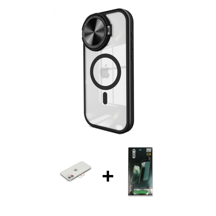 MARSİLYAN™- iPhone 11 Kılıf Kıvılcım Modern Koleksiyonu - Siyah 360 Mat Full Body Arka Koruyucu + Renkli Kamera Lens Koruma Cam - PE