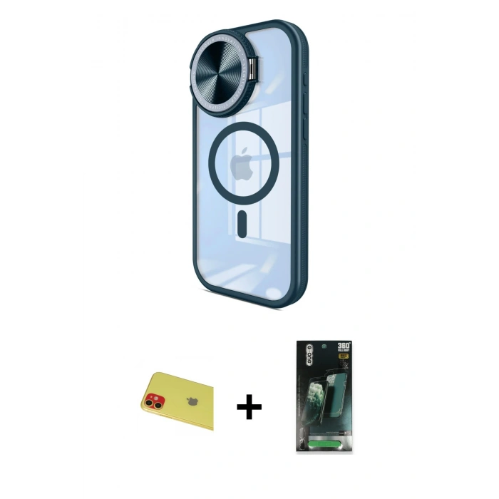 MARSİLYAN™- iPhone 11 Kılıf Kıvılcım Modern Koleksiyonu - Siyah 360 Mat Full Body Arka Koruyucu + Rainbow Kamera Lens Koruma Cam - KI
