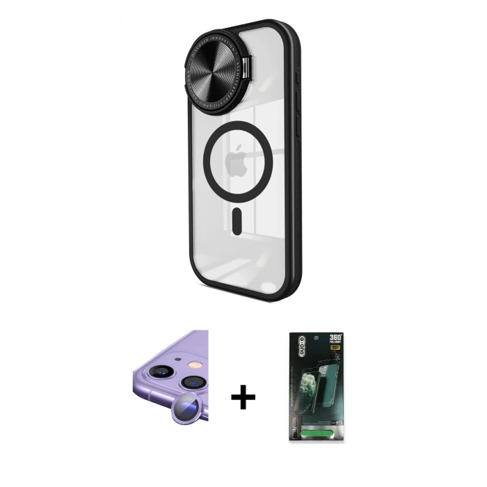 MARSİLYAN™- iPhone 11 Kılıf Kıvılcım Modern Koleksiyonu - Siyah 360 Mat Full Body Arka Koruyucu + Raze Metal Kamera Lens - MR
