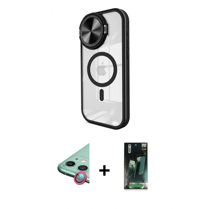 MARSİLYAN™- iPhone 11 Kılıf Kıvılcım Modern Koleksiyonu - Siyah 360 Mat Full Body Arka Koruyucu + Raze Metal Kamera Lens - KI