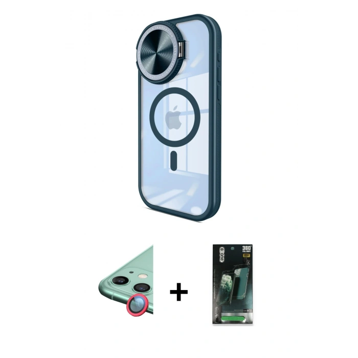 MARSİLYAN™- iPhone 11 Kılıf Kıvılcım Modern Koleksiyonu - Siyah 360 Mat Full Body Arka Koruyucu + Raze Metal Kamera Lens - KI