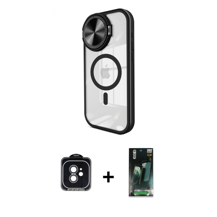 MARSİLYAN™- iPhone 11 Kılıf Kıvılcım Modern Koleksiyonu - Siyah 360 Mat Full Body Arka Koruyucu + PVD Metal Kamera Lens - SH