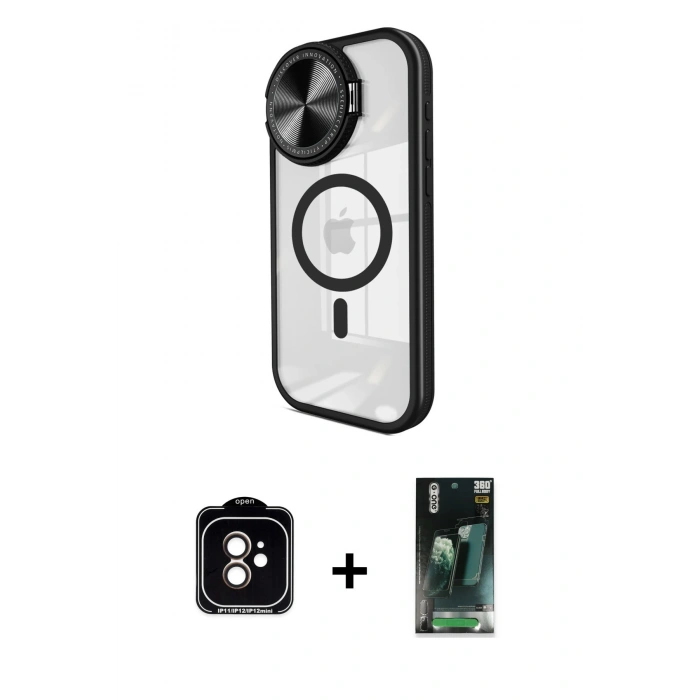 MARSİLYAN™- iPhone 11 Kılıf Kıvılcım Modern Koleksiyonu - Siyah 360 Mat Full Body Arka Koruyucu + Turuncu PVD Metal Kamera Lens