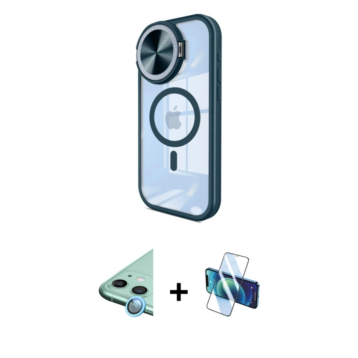 MARSİLYAN™- iPhone 11 Kılıf Kıvılcım Modern Koleksiyonu - Siyah 3D Antistatik Cam Ekran Koruyucu + Mavi Raze Metal Kamera Lens