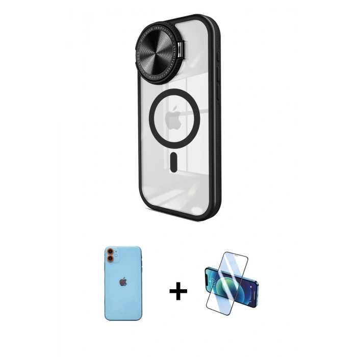 MARSİLYAN™- iPhone 11 Kılıf Kıvılcım Modern Koleksiyonu - Siyah 3D Antistatik Cam Ekran Koruyucu + Neon Fosforlu Kamera Lens - TU