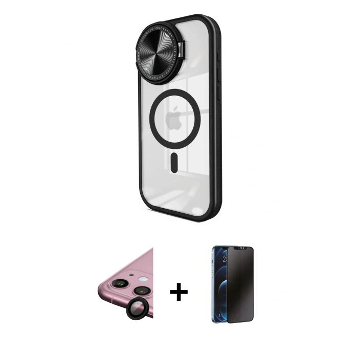 MARSİLYAN™- iPhone 11 Kılıf Kıvılcım Modern Koleksiyonu - Siyah 3D Antistatik Hayalet Cam Ekran Koruyucu + Raze Metal Kamera Lens - SH
