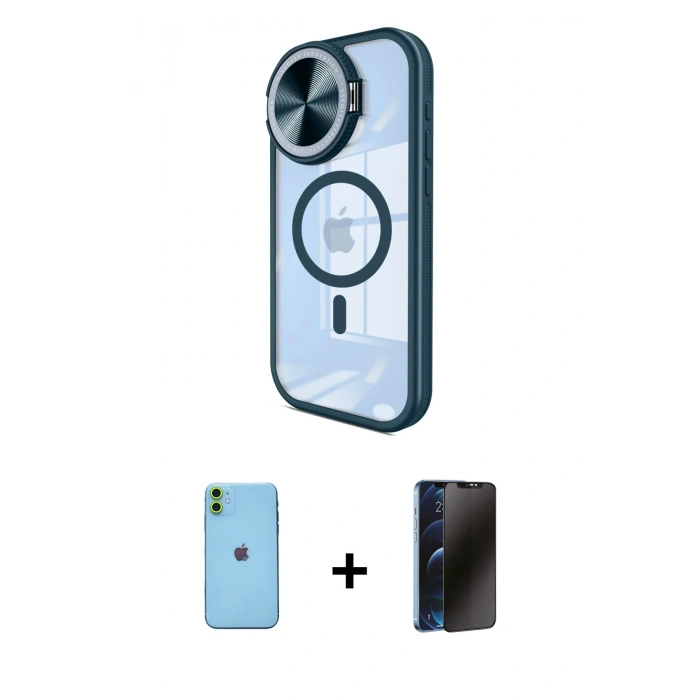 MARSİLYAN™- iPhone 11 Kılıf Kıvılcım Modern Koleksiyonu - Siyah 3D Antistatik Hayalet Cam Ekran Koruyucu + Neon Fosforlu Kamera Lens - YL