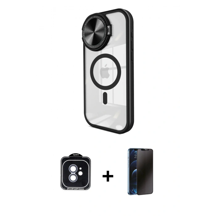 MARSİLYAN™- iPhone 11 Kılıf Kıvılcım Modern Koleksiyonu - Siyah 3D Antistatik Hayalet Cam Ekran Koruyucu + PVD Metal Kamera Lens - MI