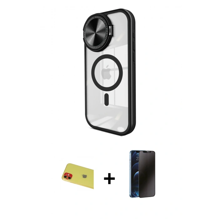 MARSİLYAN™- iPhone 11 Kılıf Kıvılcım Modern Koleksiyonu - Siyah 3D Antistatik Hayalet Cam Ekran Koruyucu + Rainbow Kamera Lens Koruma Cam - KI