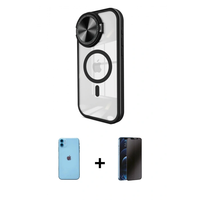 MARSİLYAN™- iPhone 11 Kılıf Kıvılcım Modern Koleksiyonu - Siyah 3D Antistatik Hayalet Cam Ekran Koruyucu + Neon Fosforlu Kamera Lens - MI