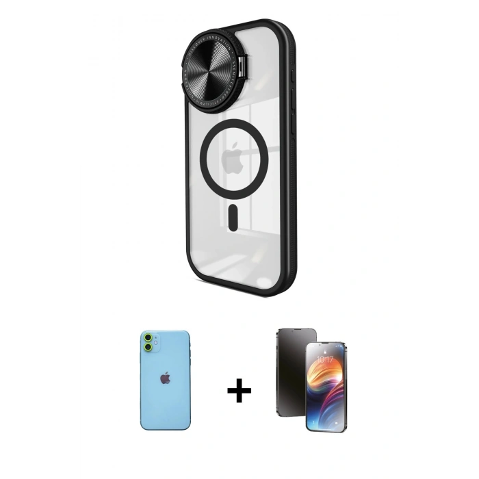 MARSİLYAN™- iPhone 11 Kılıf Kıvılcım Modern Koleksiyonu - Siyah 3D Antistatik Mat Seramik Nano Ekran Koruyucu + Neon Fosforlu Kamera Lens - YL