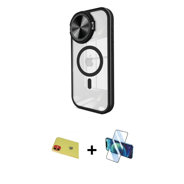 MARSİLYAN™- iPhone 11 Kılıf Kıvılcım Modern Koleksiyonu - Siyah 3D Antistatik Seramik Nano Ekran Koruyucu + Rainbow Kamera Lens Koruma Cam - KI