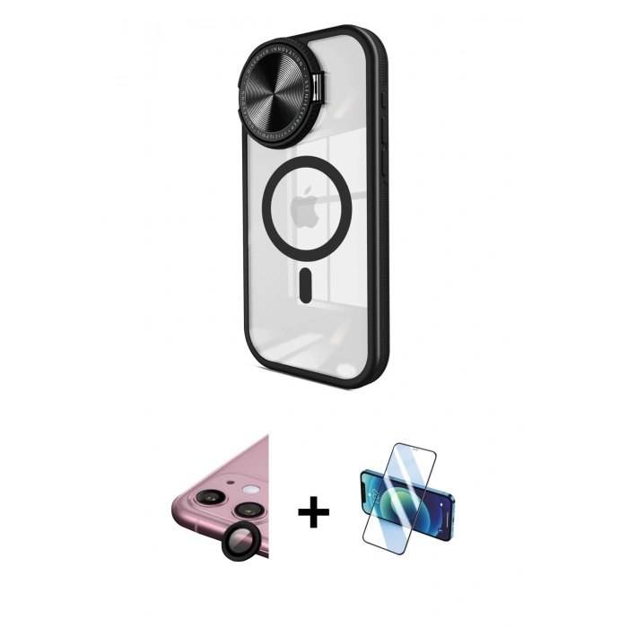 MARSİLYAN™- iPhone 11 Kılıf Kıvılcım Modern Koleksiyonu - Siyah 3D Antistatik Seramik Nano Ekran Koruyucu + Raze Metal Kamera Lens - SH