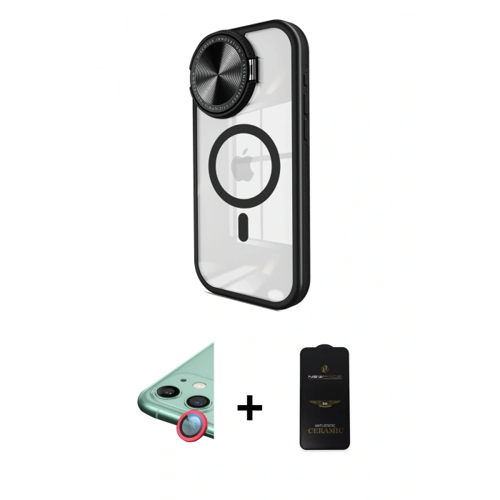 MARSİLYAN™- iPhone 11 Kılıf Kıvılcım Modern Koleksiyonu - Siyah 6D Antistatik Mat Seramik Hayalet Nano Ekran Koruyucu + Raze Metal Kamera Lens - KI