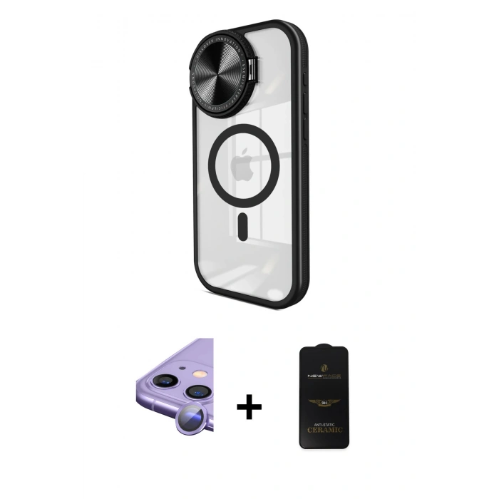 MARSİLYAN™- iPhone 11 Kılıf Kıvılcım Modern Koleksiyonu - Siyah 6D Antistatik Mat Seramik Hayalet Nano Ekran Koruyucu + Raze Metal Kamera Lens - MR