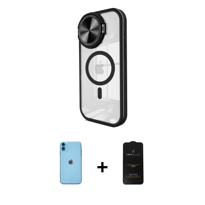 MARSİLYAN™- iPhone 11 Kılıf Kıvılcım Modern Koleksiyonu - Siyah 6D Antistatik Mat Seramik Hayalet Nano Ekran Koruyucu + Neon Fosforlu Kamera Lens - MI