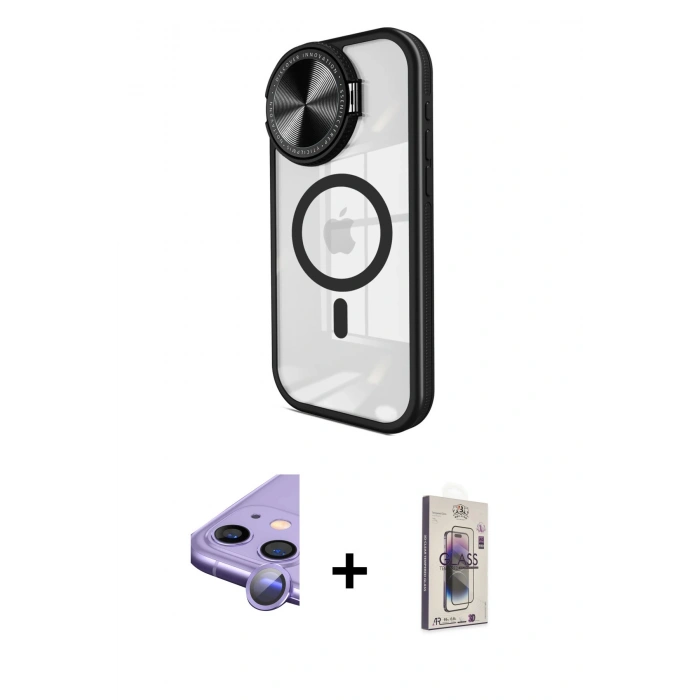 MARSİLYAN™- iPhone 11 Kılıf Kıvılcım Modern Koleksiyonu - Siyah Bilvis 3D Cam Ekran Koruyucu + Raze Metal Kamera Lens - MR