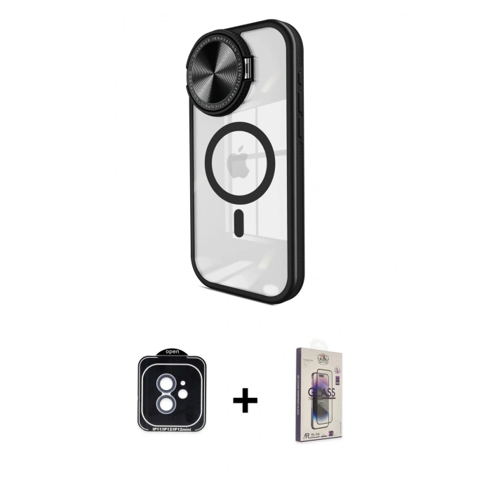 MARSİLYAN™- iPhone 11 Kılıf Kıvılcım Modern Koleksiyonu - Siyah Bilvis 3D Cam Ekran Koruyucu + PVD Metal Kamera Lens - MI