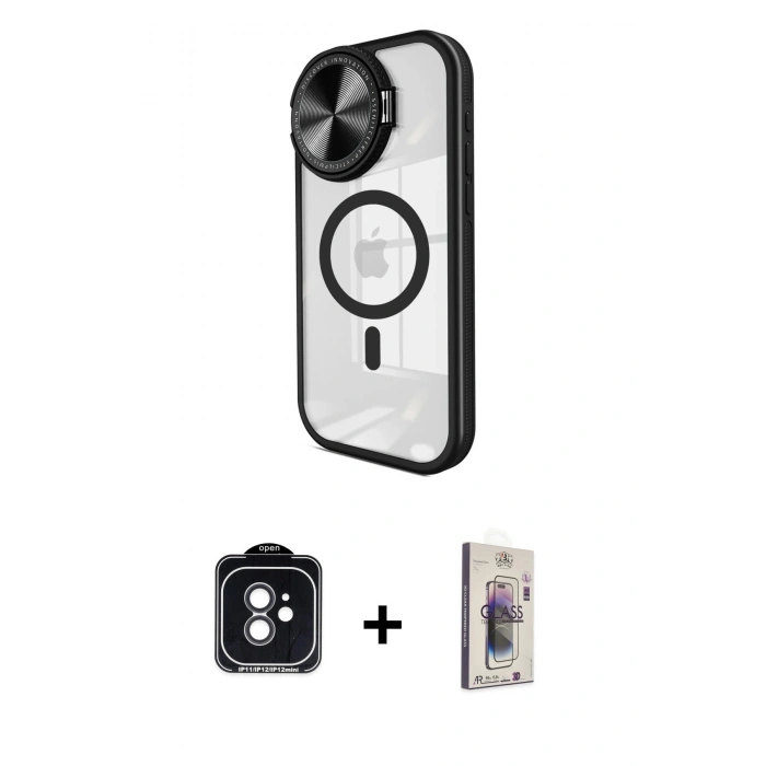 MARSİLYAN™- iPhone 11 Kılıf Kıvılcım Modern Koleksiyonu - Siyah Bilvis 3D Cam Ekran Koruyucu + PVD Metal Kamera Lens - SH