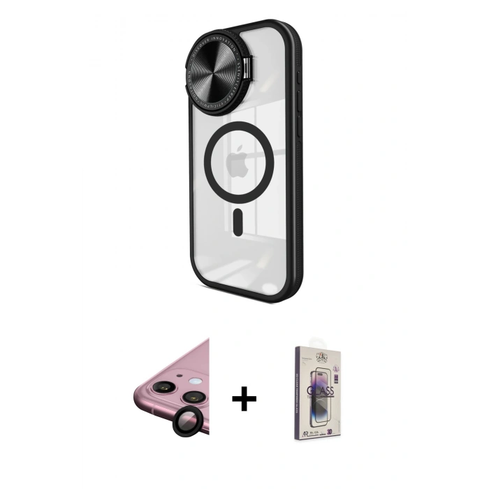 MARSİLYAN™- iPhone 11 Kılıf Kıvılcım Modern Koleksiyonu - Siyah Bilvis 3D Cam Ekran Koruyucu + Raze Metal Kamera Lens - SH