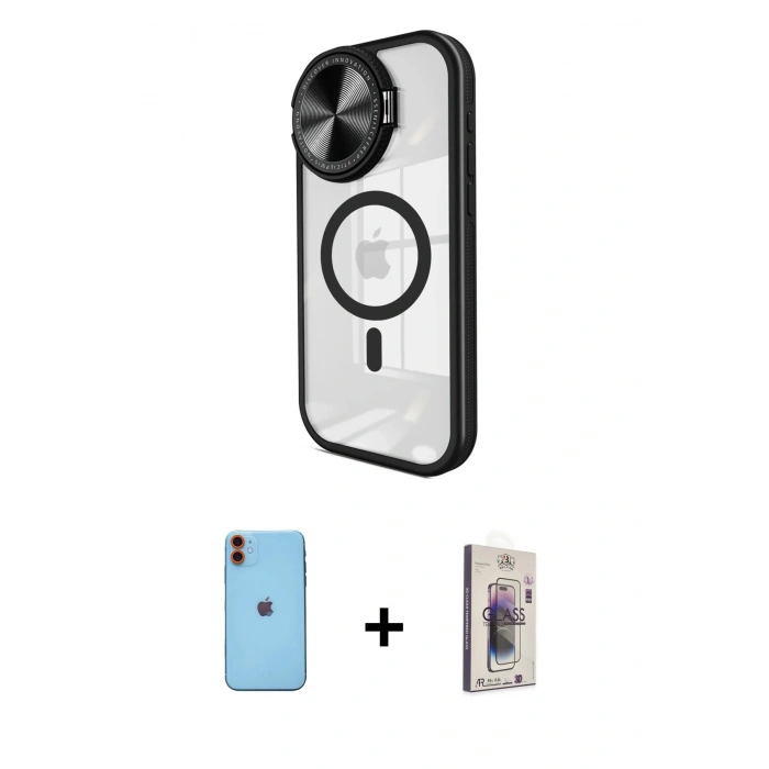 MARSİLYAN™- iPhone 11 Kılıf Kıvılcım Modern Koleksiyonu - Siyah Bilvis 3D Cam Ekran Koruyucu + Neon Fosforlu Kamera Lens - TU