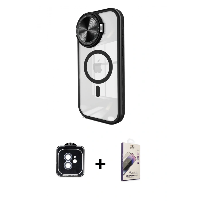 MARSİLYAN™- iPhone 11 Kılıf Kıvılcım Modern Koleksiyonu - Siyah Bilvis 3D Mat Cam Ekran Koruyucu + Mavi PVD Metal Kamera Lens