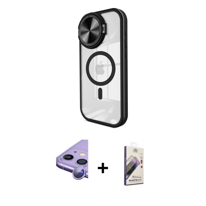 MARSİLYAN™- iPhone 11 Kılıf Kıvılcım Modern Koleksiyonu - Siyah Bilvis 3D Mat Cam Ekran Koruyucu + Mor Raze Metal Kamera Lens