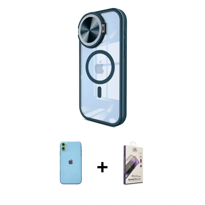 MARSİLYAN™- iPhone 11 Kılıf Kıvılcım Modern Koleksiyonu - Siyah Bilvis 3D Mat Cam Ekran Koruyucu + Neon Fosforlu Kamera Lens - YL