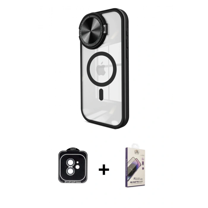 MARSİLYAN™- iPhone 11 Kılıf Kıvılcım Modern Koleksiyonu - Siyah Bilvis 3D Mat Cam Ekran Koruyucu + PVD Metal Kamera Lens - YL