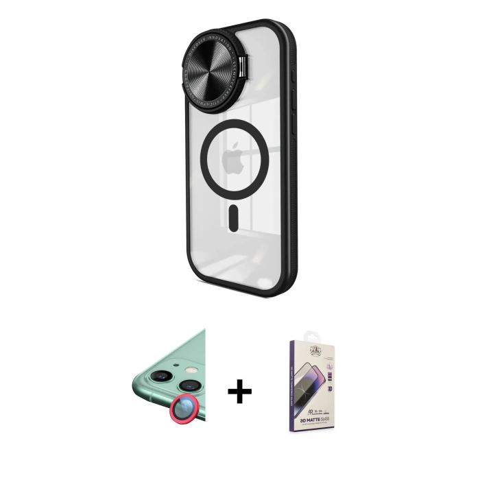 MARSİLYAN™- iPhone 11 Kılıf Kıvılcım Modern Koleksiyonu - Siyah Bilvis 3D Mat Cam Ekran Koruyucu + Raze Metal Kamera Lens - KI