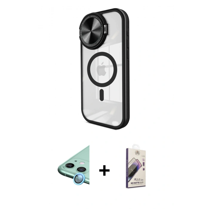MARSİLYAN™- iPhone 11 Kılıf Kıvılcım Modern Koleksiyonu - Siyah Bilvis 3D Mat Cam Ekran Koruyucu + Raze Metal Kamera Lens - MI