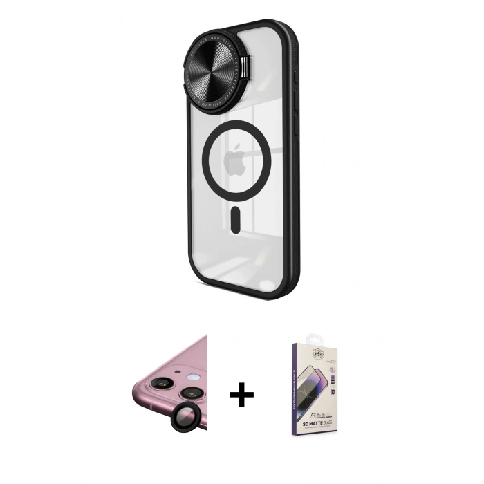 MARSİLYAN™- iPhone 11 Kılıf Kıvılcım Modern Koleksiyonu - Siyah Bilvis 3D Mat Cam Ekran Koruyucu + Siyah Raze Metal Kamera Lens