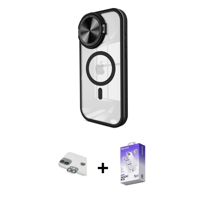MARSİLYAN™- iPhone 11 Kılıf Kıvılcım Modern Koleksiyonu - Siyah Bilvis 5in1 3D Magic Cam Ekran Koruyucu + Pers Alüminyum Kamera Lens - YL