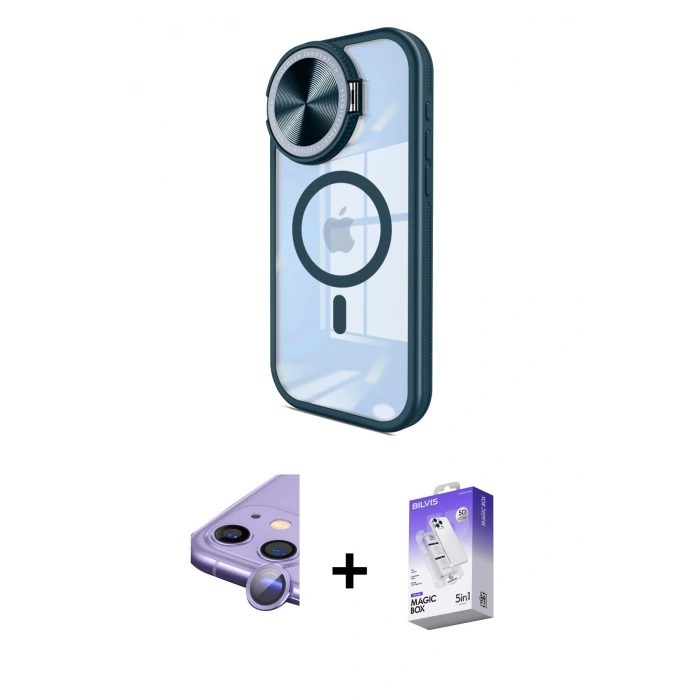 MARSİLYAN™- iPhone 11 Kılıf Kıvılcım Modern Koleksiyonu - Siyah Bilvis 5in1 3D Magic Cam Ekran Koruyucu + Mor Raze Metal Kamera Lens