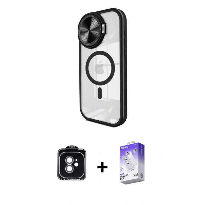 MARSİLYAN™- iPhone 11 Kılıf Kıvılcım Modern Koleksiyonu - Siyah Bilvis 5in1 3D Magic Cam Ekran Koruyucu + Yeşil PVD Metal Kamera Lens