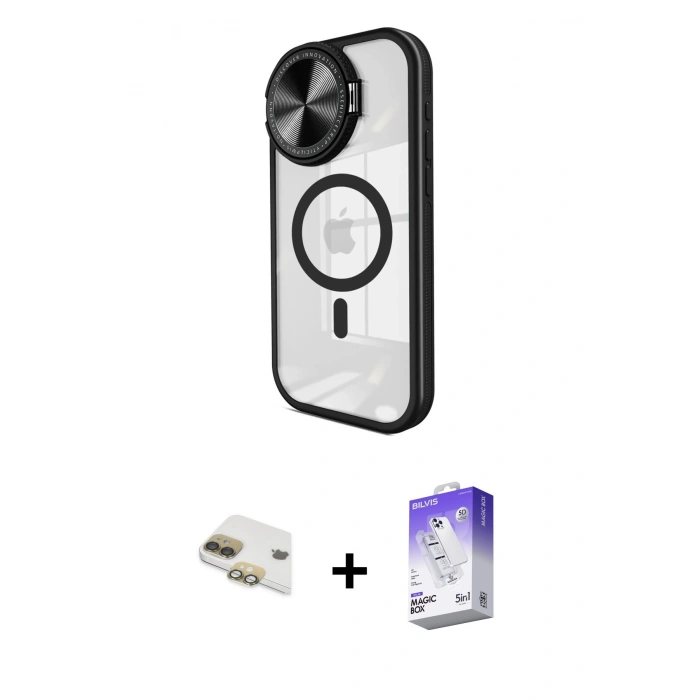 MARSİLYAN™- iPhone 11 Kılıf Kıvılcım Modern Koleksiyonu - Siyah Bilvis 5in1 3D Magic Cam Ekran Koruyucu + Pers Alüminyum Kamera Lens - GD