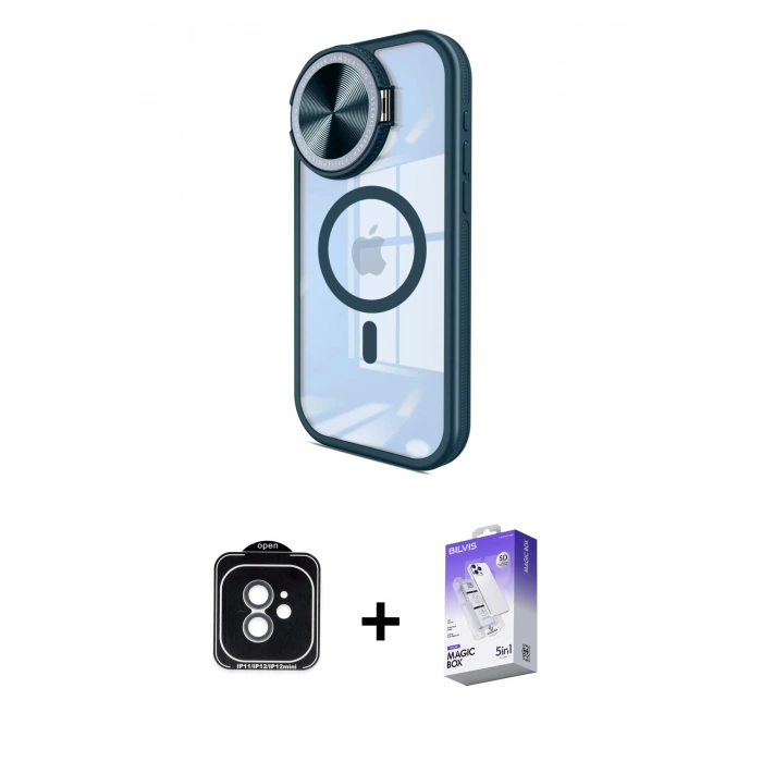MARSİLYAN™- iPhone 11 Kılıf Kıvılcım Modern Koleksiyonu - Siyah Bilvis 5in1 3D Magic Cam Ekran Koruyucu + Yeşil PVD Metal Kamera Lens