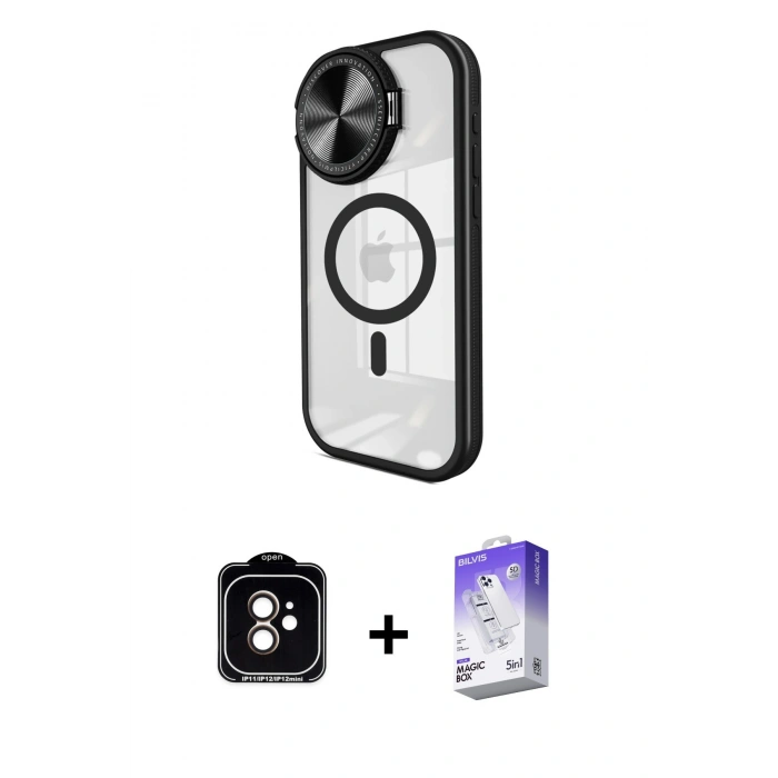 MARSİLYAN™- iPhone 11 Kılıf Kıvılcım Modern Koleksiyonu - Siyah Bilvis 5in1 3D Magic Cam Ekran Koruyucu + PVD Metal Kamera Lens - TU