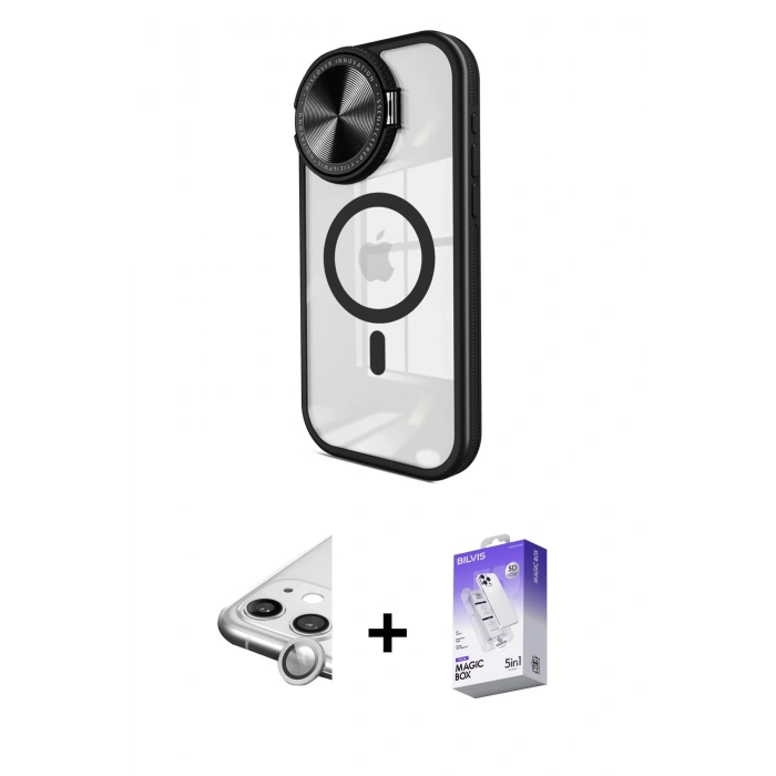 MARSİLYAN™- iPhone 11 Kılıf Kıvılcım Modern Koleksiyonu - Siyah Bilvis 5in1 3D Magic Cam Ekran Koruyucu + Raze Metal Kamera Lens - GS