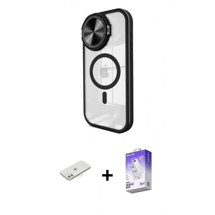 MARSİLYAN™- iPhone 11 Kılıf Kıvılcım Modern Koleksiyonu - Siyah Bilvis 5in1 3D Magic Cam Ekran Koruyucu + Renkli Kamera Lens Koruma Cam - TU