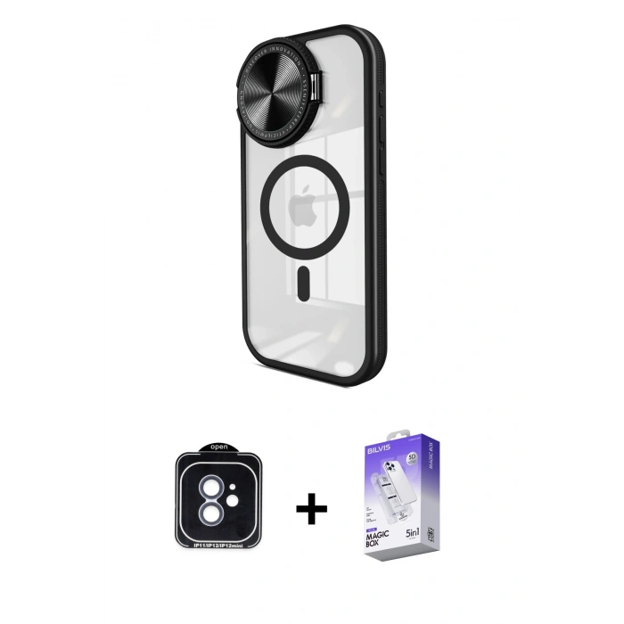 MARSİLYAN™- iPhone 11 Kılıf Kıvılcım Modern Koleksiyonu - Siyah Bilvis 5in1 3D Magic Cam Ekran Koruyucu + PVD Metal Kamera Lens - MI
